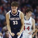 Gonzaga Bulldogs forward Ben Gregg (33) celebrates after scoring a 3-point basket in the West Coast Conference men's tournament at Orleans Arena on Tuesday, March 12, 2024, in Las Vegas. (Ellen Schmidt / Las Vegas Review-Journal Tribune News Services)