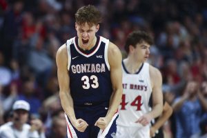 Gonzaga Bulldogs forward Ben Gregg (33) celebrates after scoring a 3-point basket in the West Coast Conference men's tournament at Orleans Arena on Tuesday, March 12, 2024, in Las Vegas. (Ellen Schmidt / Las Vegas Review-Journal Tribune News Services)