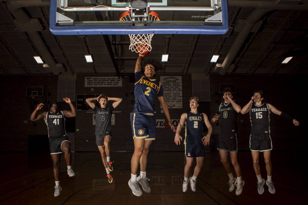 Left to right, Mountlake Terraces Zaveon Jones, Glacier Peaks Jo Lee, Everetts Isaiah White, Arlingtons Leyton Martin, Jacksons Ryan McFerran, and Mountlake Terraces Jaxon Dubiel pose for a photo at Arlington High School on Sunday, March 24, 2024 in Arlington, Washington. (Annie Barker / The Herald)