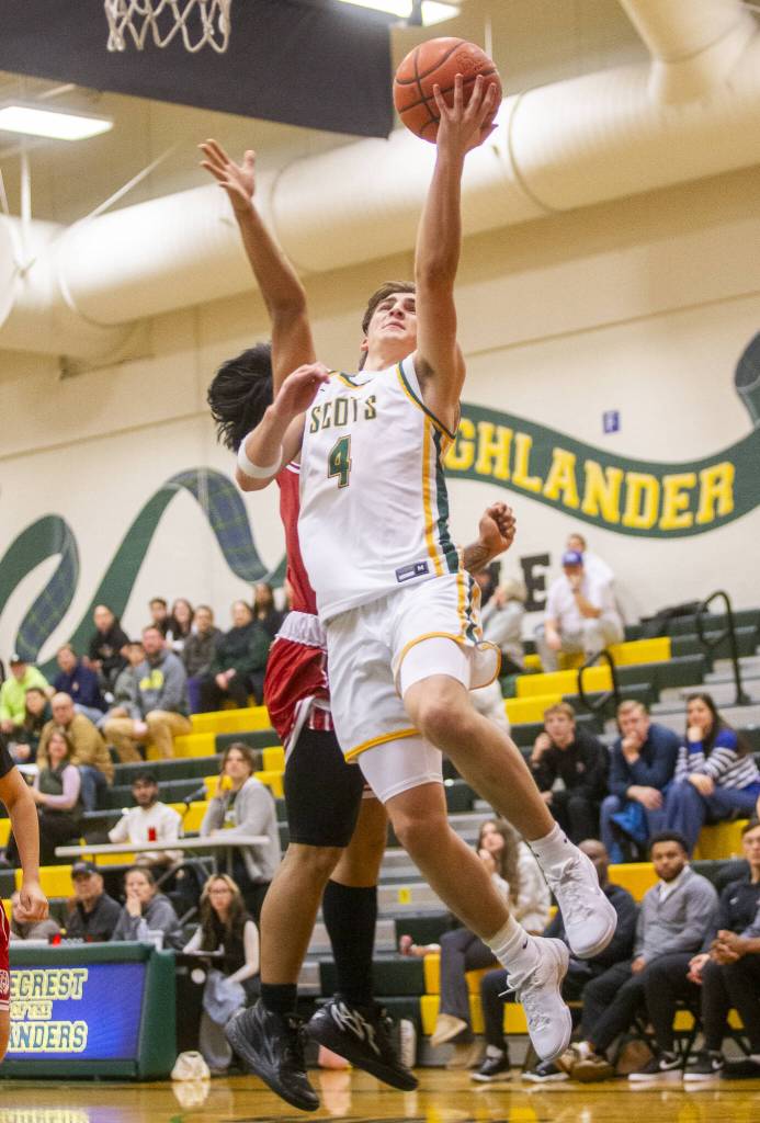Shorecrests Porter Swanson makes a layup during the game against Cascade on Monday, Dec. 30, 2024 in Shoreline, Washington. (Olivia Vanni / The Herald)