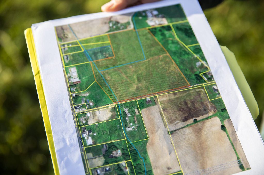 A map of the portion of land acquired by the Tulalip Foundation on Monday, Dec. 23, 2024 in Marysville, Washington. (Olivia Vanni / The Herald)