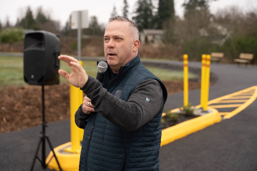 Lake Stevens Mayor Brett Gailey speaks before opening Phase 0 of the Bayview Trail in Lake Stevens, Washington. Jan. 6, 2025 (Will Geschke / The Herald)