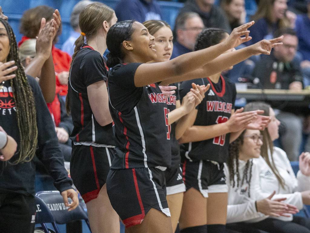 The Archbishop Murphy bench reacts to a three point shot during the game against Meadowdale on Friday, Jan. 3, 2025 in Lynnwood, Washington. (Olivia Vanni / The Herald)