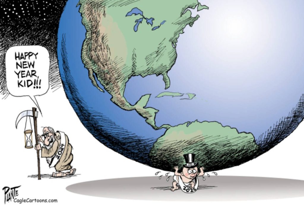 Old Man 2024 leaves Baby 2025 Holding Up the World,  Happy New Year, earth, globe,, straining, worried, crazy world,  sweating, Old Man Time, January 1 2025 toon