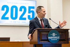 Marysville Mayor Jon Nehring talks during his State of the City Address on Tuesday, Jan. 28, 2025 in Marysville, Washington. (Olivia Vanni / The Herald)
