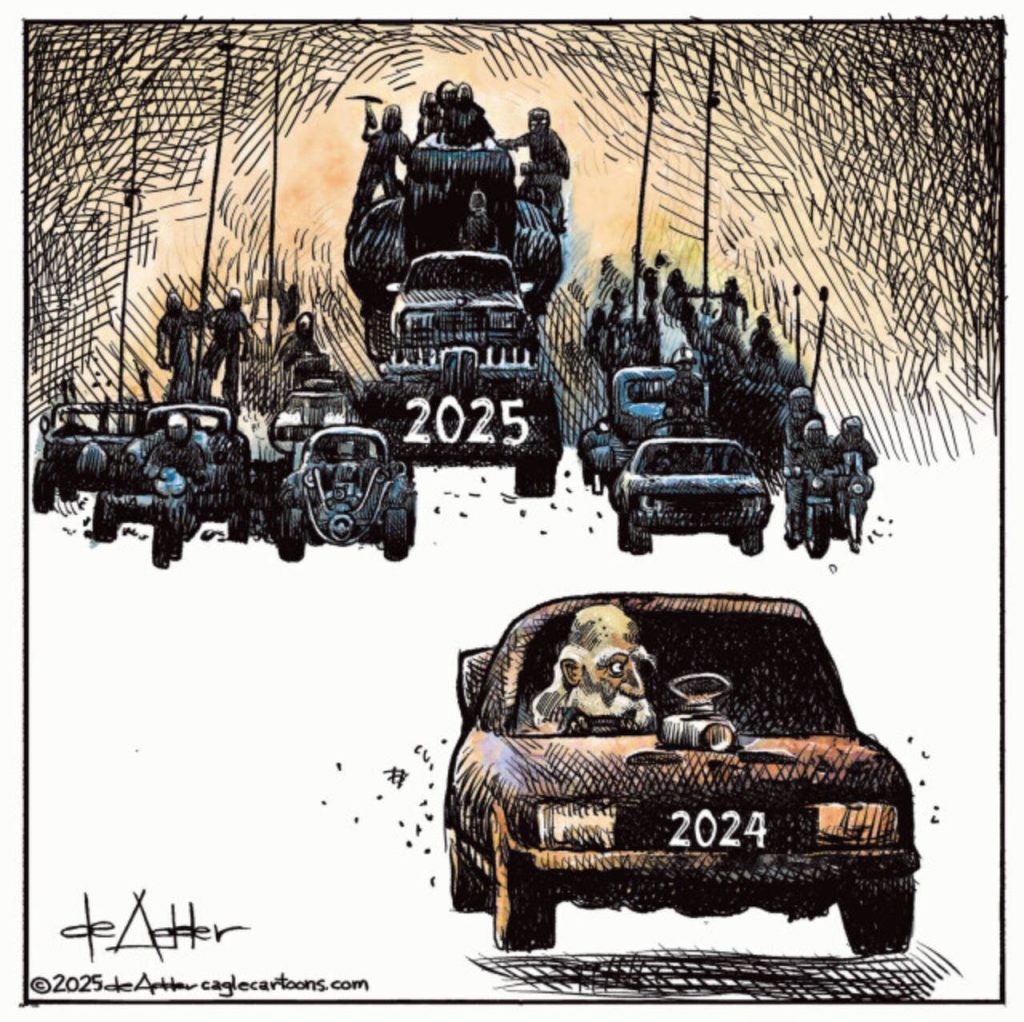 And old 2024 is driving a Mad Max ctoonar while being chased by an apocalyptic raod warriors from Mad Max : Fury Road labelled 2025