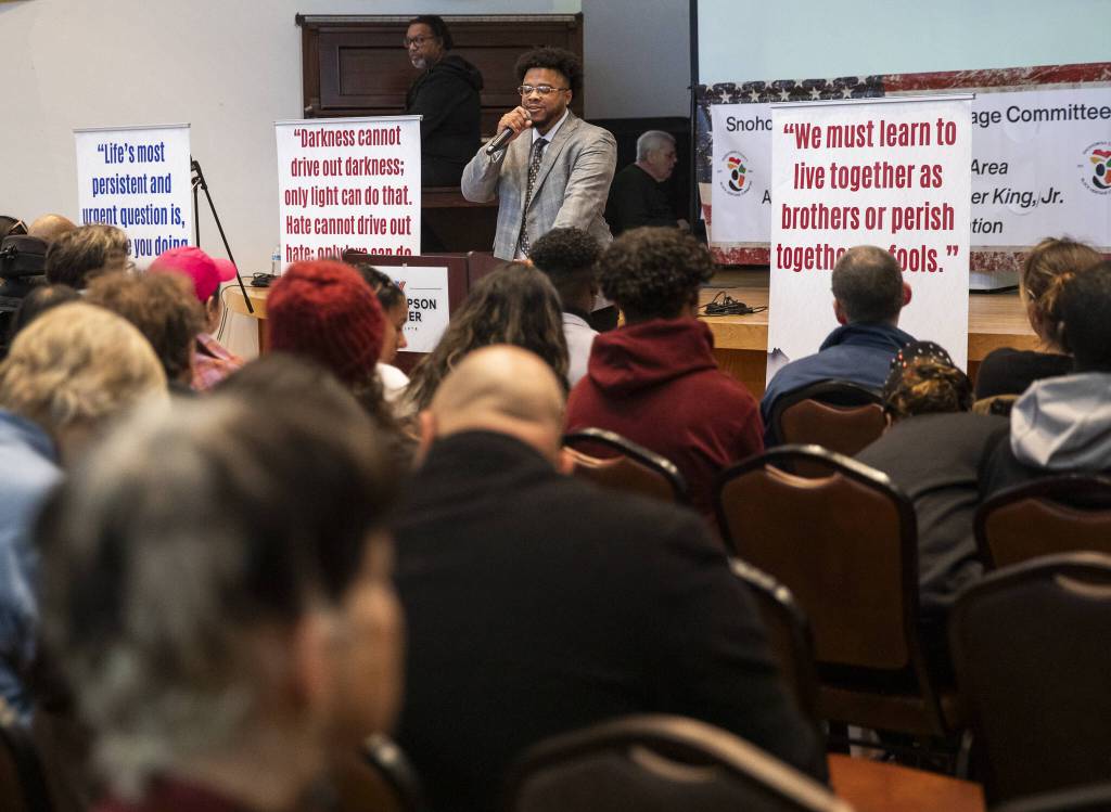 DeLon R. Lewis speaks at the Carl Gipson Center during the Greater Everett Rev. Dr. Martin Luther King Jr. Day Community Celebration on Monday, Jan. 20, 2025 in Everett, Washington. (Olivia Vanni / The Herald)