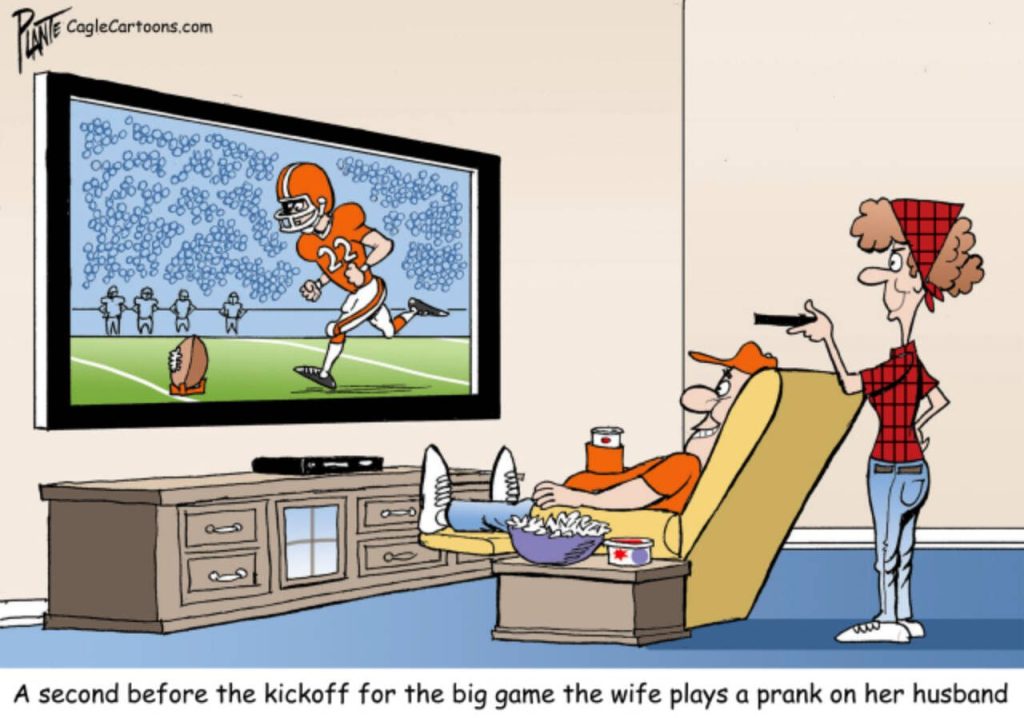 Man watches kickoff wife prepares a prank, tv, big football game, joke, remote control, bowl season