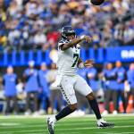Seahawks quarterback Geno Smith (7) throws a pass against the Los Angeles Rams at SoFi Stadium on Sunday, Jan. 5, 2024. (Photo courtesy of the Seattle Seahawks)