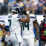 Seahawks quarterback Geno Smith (7) celebrates with receiver DK Metcalf (14) after a touchdown against the Los Angeles Rams at SoFi Stadium on Sunday, Jan. 5, 2025. (Photo courtesy of Rod Mar / Seattle Seahawks)