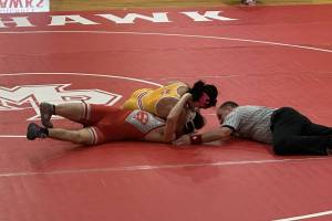 Qasim Ali / The Herald
Marysville Pilchuck junior Gunner Janes pins Stanwood junior Micah Knowles during a Wesco 3A/2A North boys wrestling dual meet on Wednesday at Marysville Pilchuck High School.