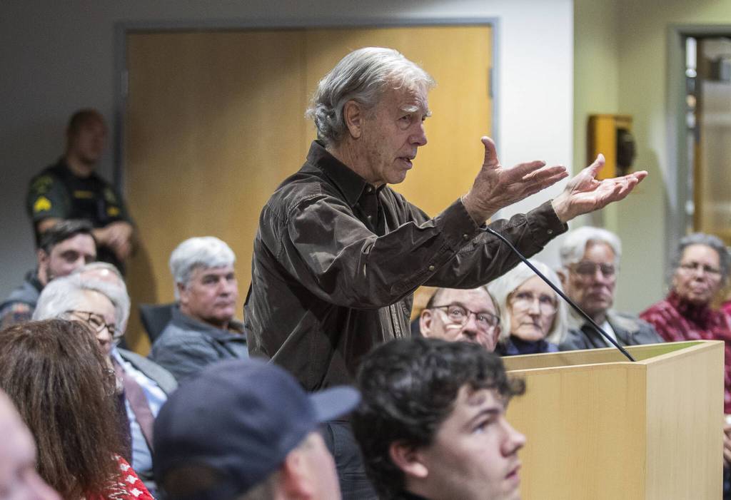 PHOTOS BY Olivia Vanni / The Herald
Tom Murdoch gives public comment to the Snohomish County Council about his disagreement with the proposed wetland ordinance amendments on Wednesday in Everett.