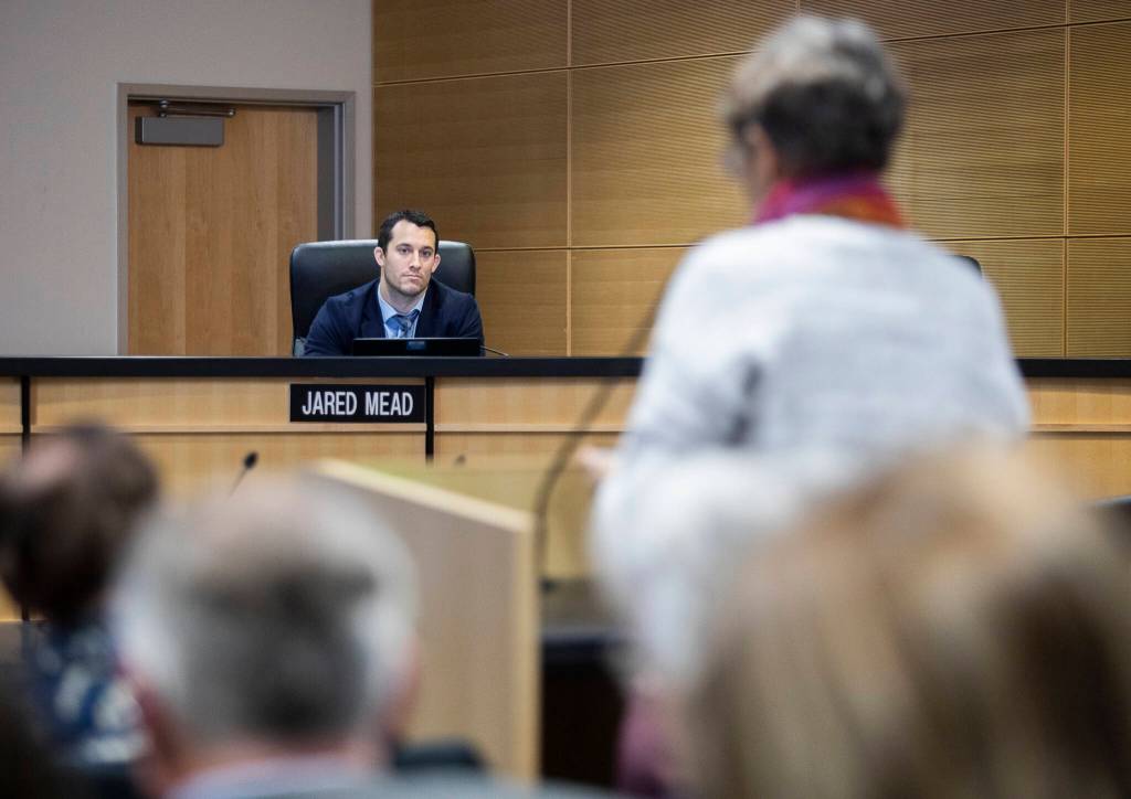 Snohomish County Council member Jared Mead listens to public comment on the proposed wetland ordinance amendments on Wednesday in Everett.