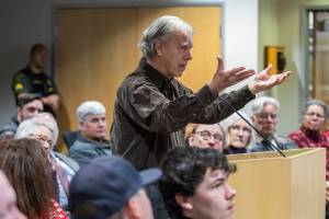Tom Murdoch gives public comment to the Snohomish County Council about his disagreement with the proposed wetland ordinance amendments on Wednesday, Jan. 15, 2025 in Everett, Washington. (Olivia Vanni / The Herald)