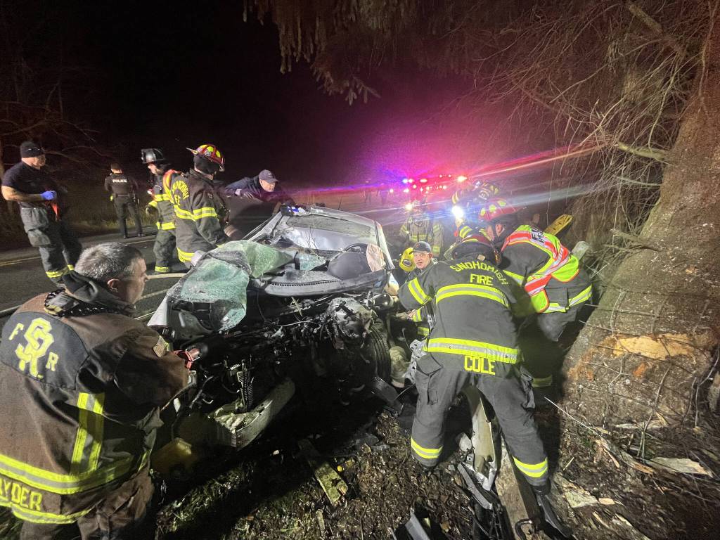Firefighters on the scene after a vehicle crashed into a tree at the 4000 block of S. Machias Road in Snohomish on Friday night. (Provided photo)