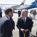 Ray Stephenson (center), then-mayor of Everett, talks with Alaska Airlines Inc. CEO Brad Tilden after the groundbreaking ceremony for the new Paine Field passenger terminal in June, 2017 in Everett. (Andy Bronson / The Herald file photo)