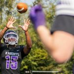 Kamiak’s T’Andre Waverly catches a pass for a portrait during football practice on Thursday, Aug. 24, 2023 in Mukilteo, Washington. (Olivia Vanni / The Herald)