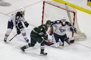 Silvertips Carter Bear (11) reacts to a goal during a game between the Everett Silvertips and Tri-City Americans at the Angel of the Winds Arena on Sunday, Jan. 21, 2024. (Annie Barker / The Herald)