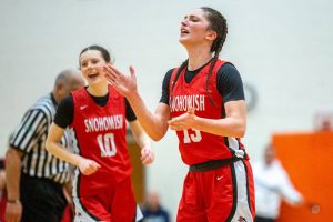 Snohomish’s Sienna Capelli reacts to a foul call during the game against Monroe on Wednesday, Jan. 15, 2025 in Monroe, Washington. (Olivia Vanni / The Herald)