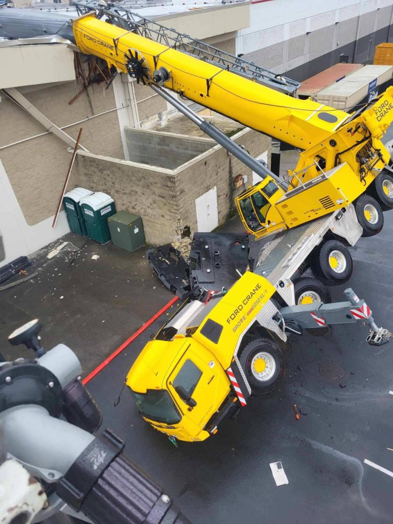 An aerial view of an all-terrain crane that toppled into the Everett Mall on Thursday morning. (Everett Fire Department)