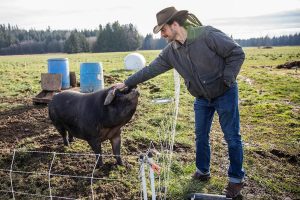 Dave Boehnlein greets Mrs. Pigglesworth of Midgarden Farms located at Rooted Northwest on Thursday, Jan. 23, 2025 in Arlington, Washington. (Olivia Vanni / The Herald)