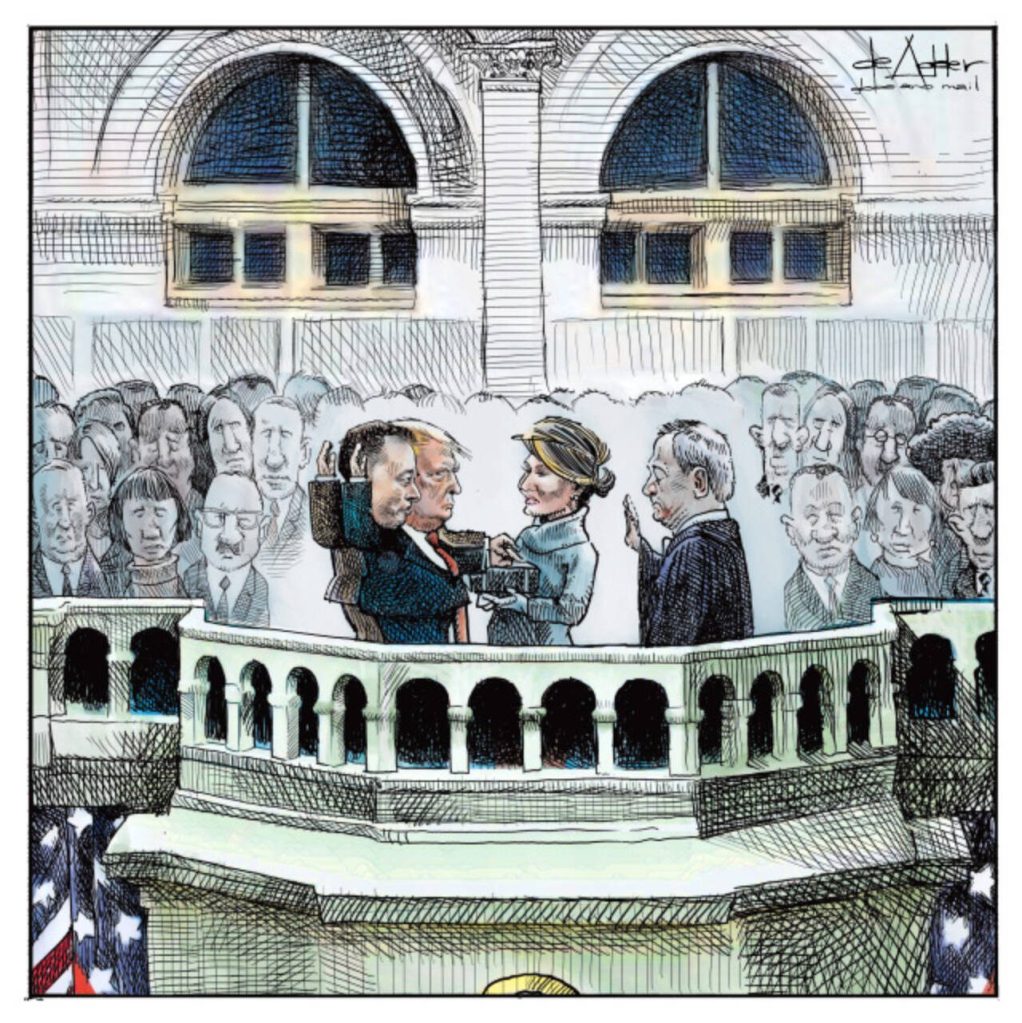 President Donald Trump is sword in on the steps of the Capital, while Elon Musk mirrors his moves looking like he's swornd in too.