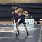 Glacier Peak's Garrett Taylor attempts a takedown of Lake Steven's Gavin Ketchum during a Jan. 21, 2025 league dual meet. (Qasim Ali / The Herald)