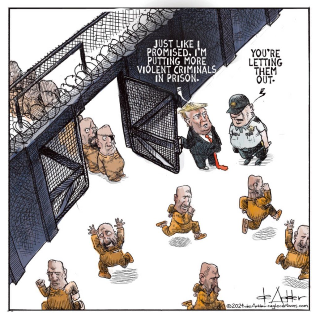 DANALD TRUMP OPENS DOOR letting prisoners through the door while say he promised to put violent offenders in jail. The guard beside his says He's letting them out."