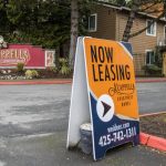 A for-lease sign is visible outside of Acappella Apartments, in March, 2023, in Everett. (Olivia Vanni / The Herald file photo)