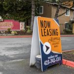 A for-lease sign is visible outside of A’cappella Apartments, in March, 2023 in Everett. (Olivia Vanni / The Herald file photo)