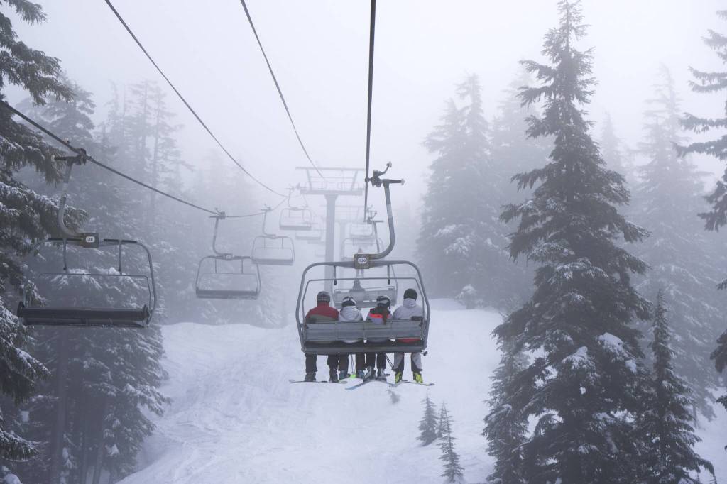 Skiers at Mt. Bachelor ski resort in Bend, Oregon, Jan. 12, 2025. Some call Mt. Bachelor Mt. Brokenchair because of a perception that chairlifts break down regularly. They think local ownership could provide better stewardship. (Ruth Fremson/The New York Times)