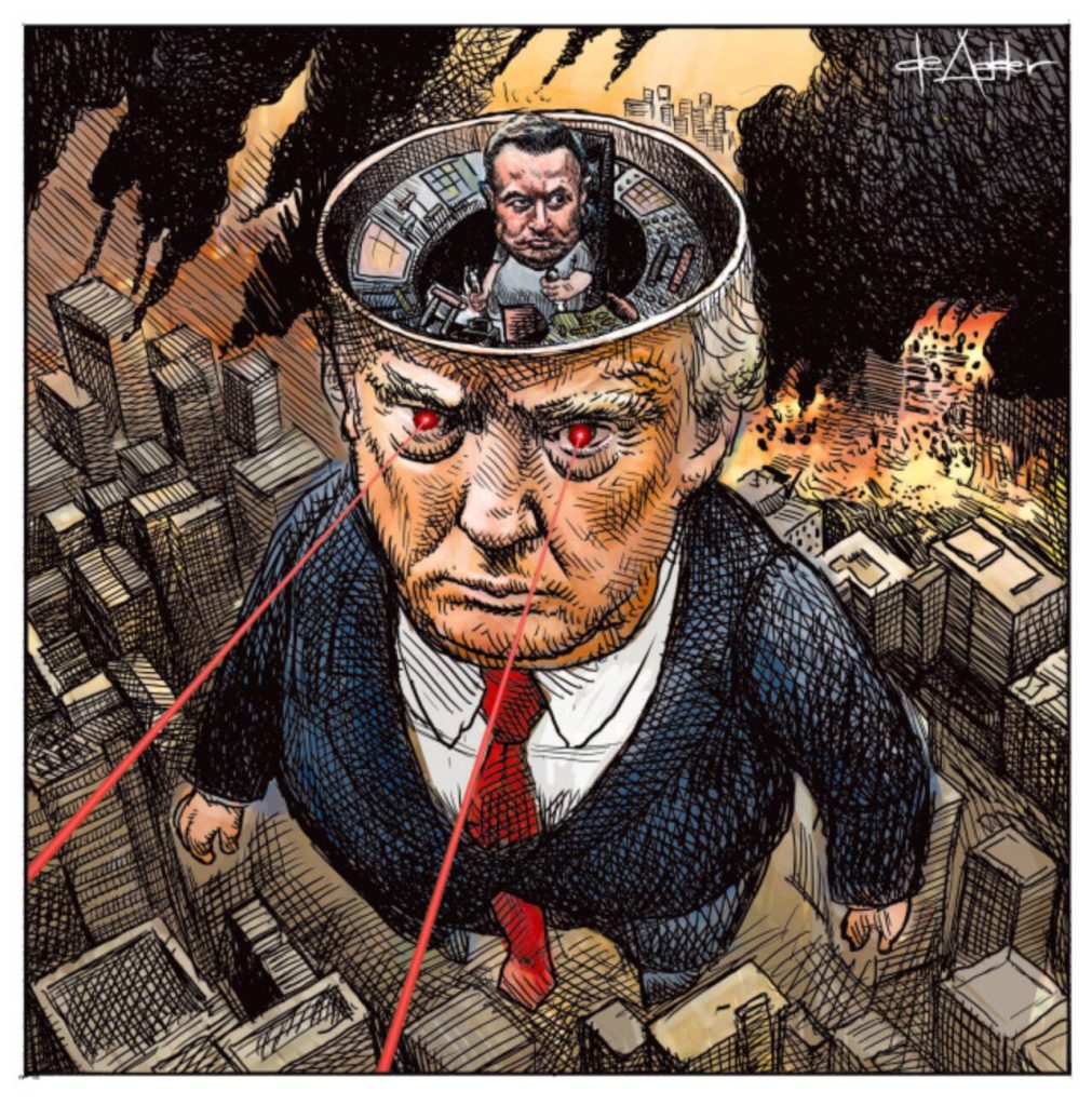 Elon Musk drives a giant Trump which is destroying the world.