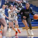Lake Stevens Keira Isabelle Tupua dribbles the ball during the game against Glacier Peak on Friday, Jan. 24, 2025 in Snohomish, Washington. (Olivia Vanni / The Herald)
