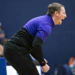 Lake Stevens head coach Seth Doge reacts to his team pull ahead during the game against Glacier Peak on Friday, Jan. 24, 2025 in Snohomish, Washington. (Olivia Vanni / The Herald)