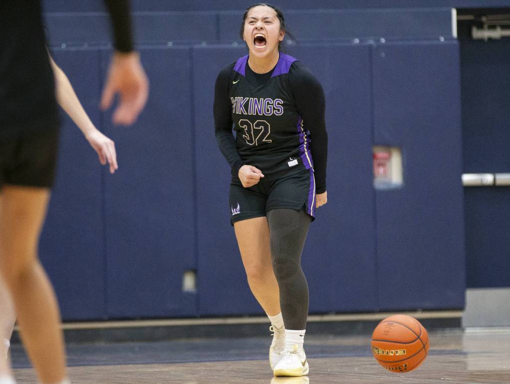Lake Stevens Keira Isabelle Tupua reacts to beating Glacier Peak on Friday, Jan. 24, 2025 in Snohomish, Washington. (Olivia Vanni / The Herald)