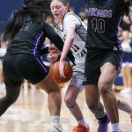 Glacier Peaks Zoey Ritter gets fouled during the game against Lake Stevens on Friday, Jan. 24, 2025 in Snohomish, Washington. (Olivia Vanni / The Herald)