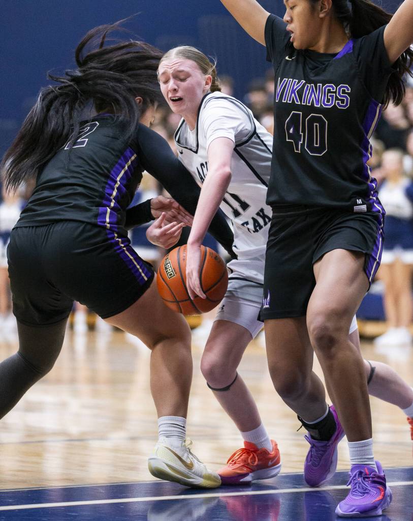 Glacier Peaks Zoey Ritter gets fouled during the game against Lake Stevens on Friday, Jan. 24, 2025 in Snohomish, Washington. (Olivia Vanni / The Herald)