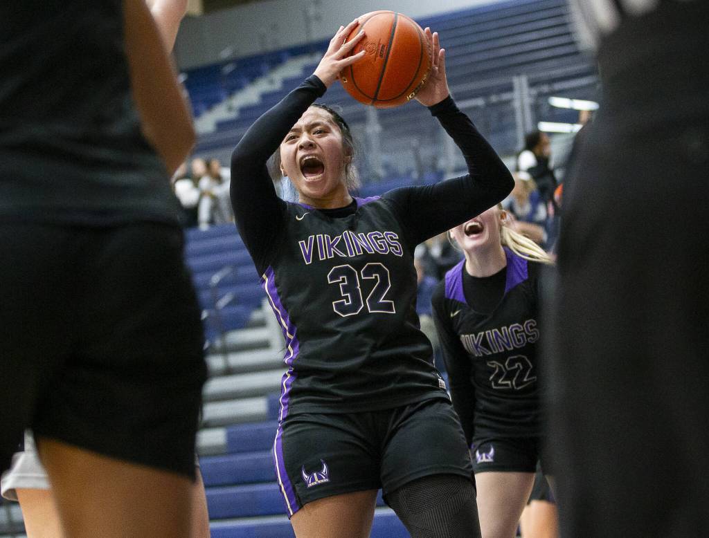 Lake Stevens Keira Isabelle Tupua reacts to a foul call during the game against Glacier Peak on Friday, Jan. 24, 2025 in Snohomish, Washington. (Olivia Vanni / The Herald)
