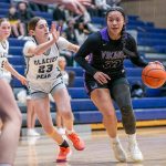 Lake Stevens’ Keira Isabelle Tupua dribbles the ball during the game against Glacier Peak on Friday, Jan. 24, 2025 in Snohomish, Washington. (Olivia Vanni / The Herald)