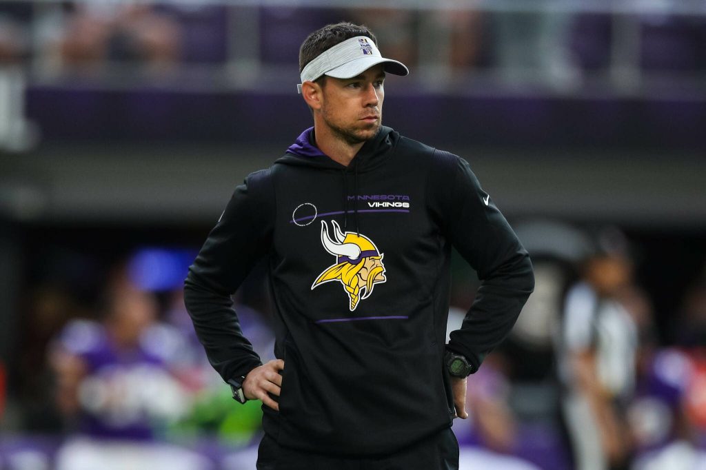Klint Kubiak, the new Seattle Seahawks offensive coordinator, looks on before the start of a Minnesota Vikings preseason game against the Indianapolis Colts at U.S. Bank Stadium on Aug. 21, 2021, in Minneapolis. (David Berding / Getty Images / Tribune News Services)
