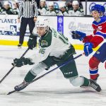 Silvertips’ Dominik Rymon maneuvers around an Edmonton player to try and get an open shot during the game against the Edmonton Oil Kings on Friday, Oct. 25, 2024 in Everett, Washington. (Olivia Vanni / The Herald)