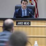 Snohomish County Council member Jared Mead asks a question of George Skiles on Nov. 13, 2024, in Everett. (Olivia Vanni / The Herald)