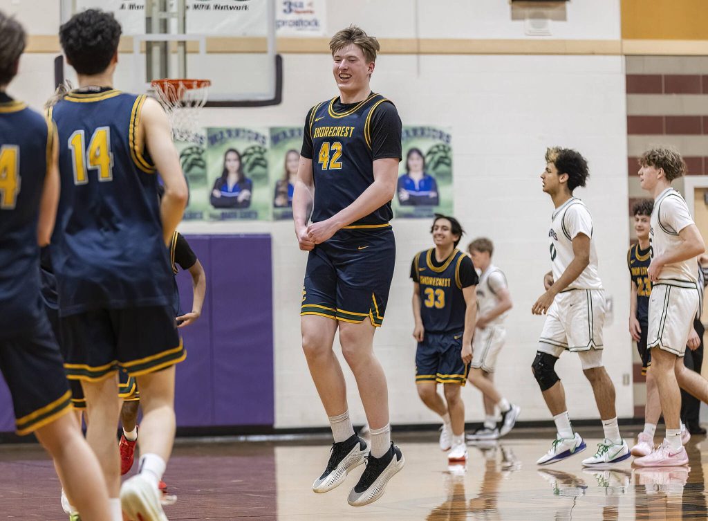 Shorecrests Jack Thompson reacts to beating Edmonds-Woodway on Tuesday, Jan. 28, 2025 in Edmonds, Washington. (Olivia Vanni / The Herald)