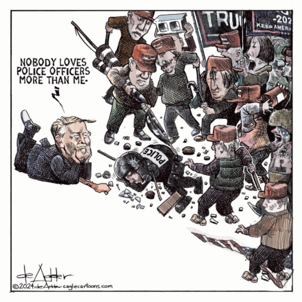 President Donald Trump says Nobody loves police more than him as the January 6th unsuyrgents beat a cop toon