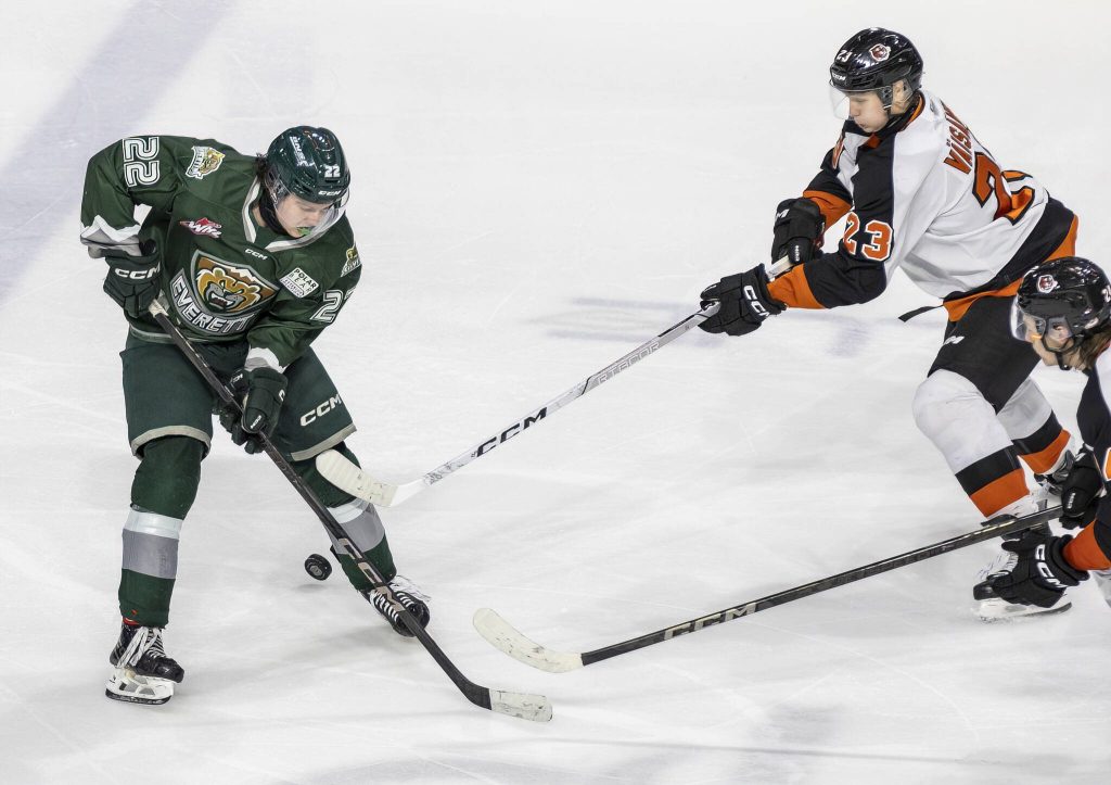 Slivertips Jesse Heslop has the puck knocked away during the game against the Medicine Hat Tigers on Wednesday, Jan. 29, 2025 in Everett, Washington. (Olivia Vanni / The Herald)
