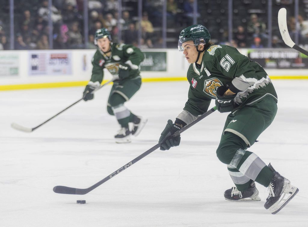 Slivertips Jaxsin Vaughn takes the puck down the ice during the game against the Medicine Hat Tigers on Wednesday, Jan. 29, 2025 in Everett, Washington. (Olivia Vanni / The Herald)