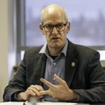 Rep. Rick Larsen, D-Everett, speaks during a roundtable discussion of how a federal funding freeze would affect Snohomish County on Thursday at Everett Station. (Aaron Kennedy / The Herald)