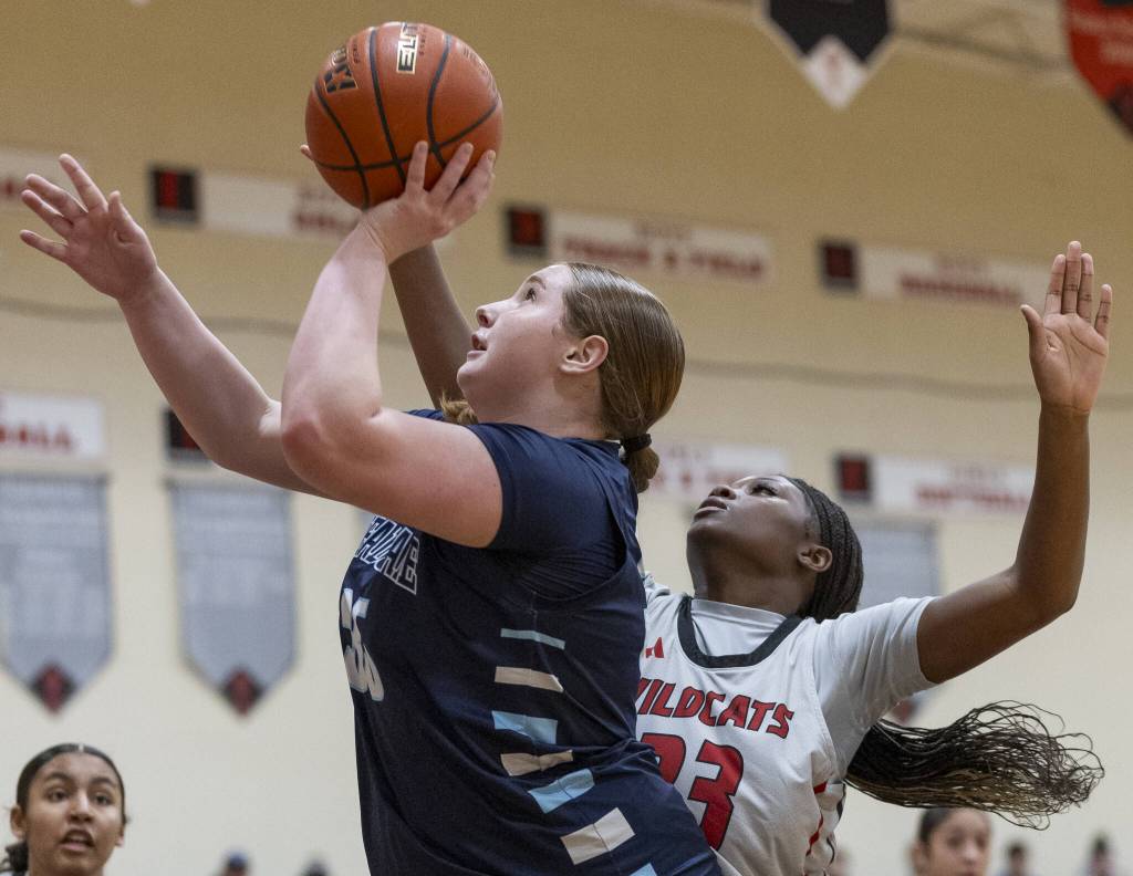 Meadowdales Audrey Lucas makes a layup during the game against Archbishop Murphy on Thursday, Jan. 30, 2025 in Everett, Washington. (Olivia Vanni / The Herald)
