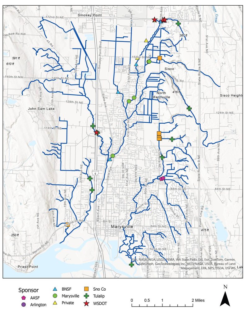 A map of the Quil Ceda Creek Watershed shows a variety of fish passage projects being done by the Adopt a Stream Foundation, city of Arlington, BNSF Railway, city of Marysville, private landowners, Snohomish County, Tulalip Tribes and Washington State Department of Transportation. (Provided by Tulalip Tribes)