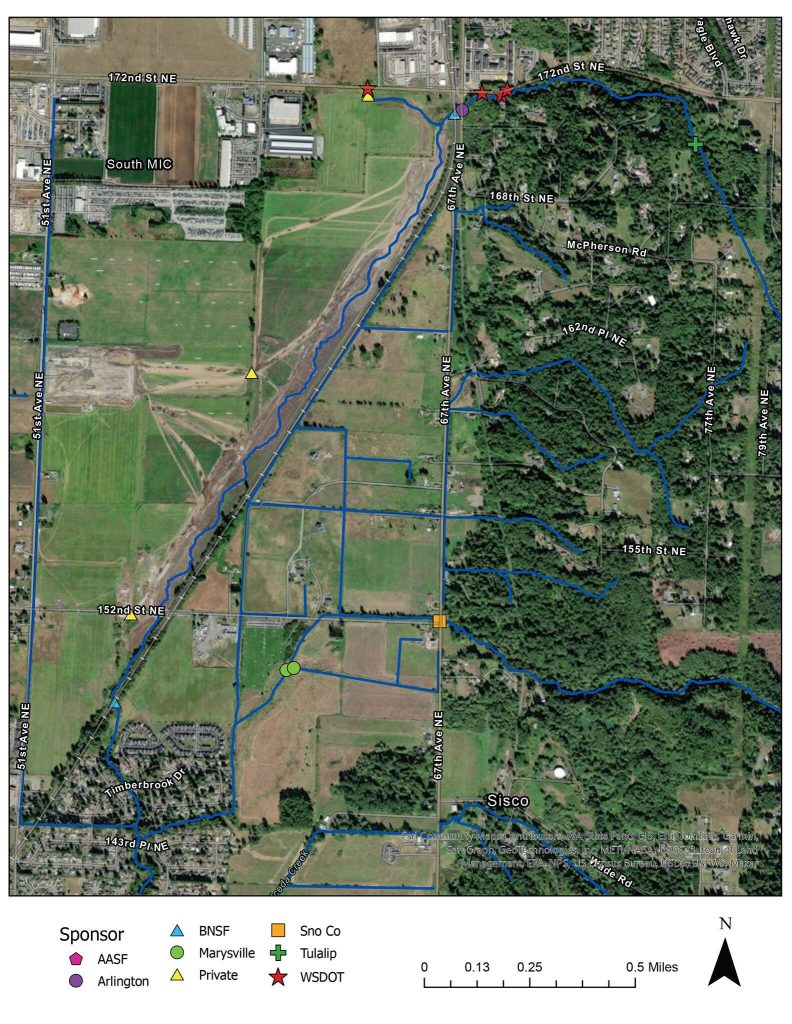 A map of part of Edgecomb Creek shows where different fish passage projects are occurring and who is heading the work. (Provided by Tulalip Tribes)